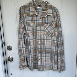 Moisture wicking, Columbia Long-Sleeve Plaid Shirt in Beige, Blue & Tan